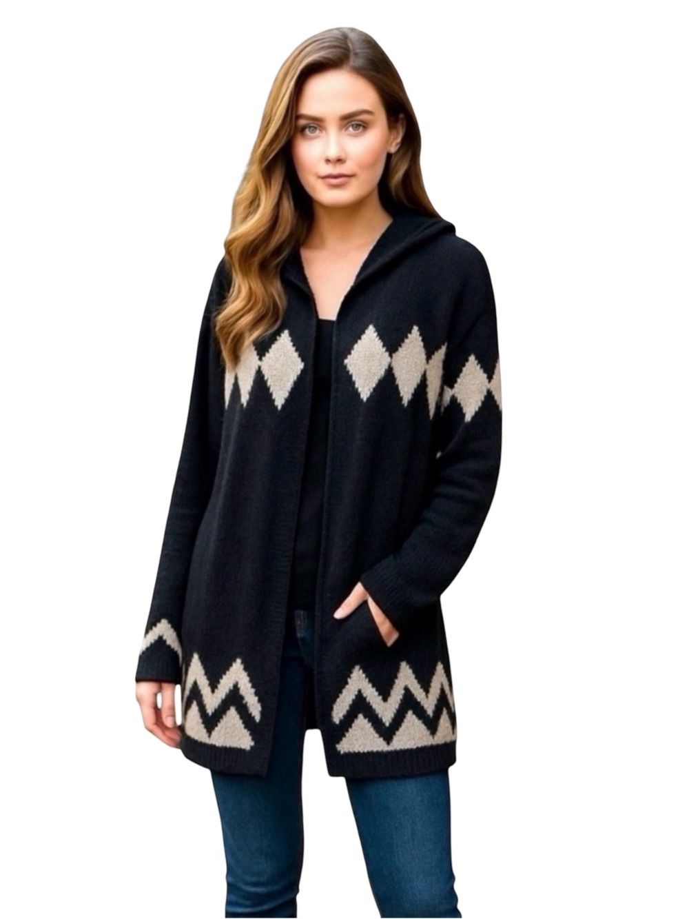 Project Women’s Open Front Cardigan With Hood. Navy, Off-White. XS